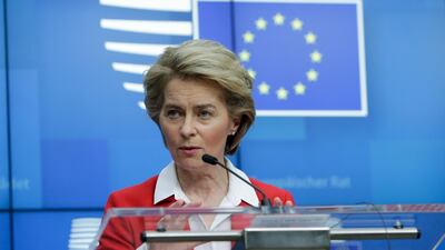 President of European Commission, Ursula Von der Leyen, gives a press conference after EU leaders' video conference on COVID-19, caused by the novel coronavirus, at the European Council building in Brussels AFP