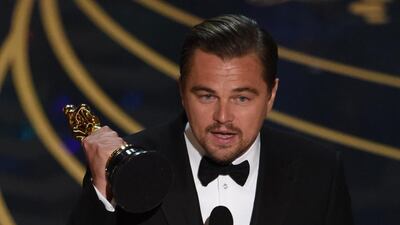 Actor Leonardo DiCaprio accepts the award for Best Actor in The Revenant on stage at the 88th Oscars in Hollywood, California. Mark Ralston / AFP photo