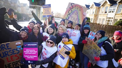 Royal College of Nursing General Secretary Pat Cullen joins members on the picket line outside the Royal United Hospital in Bath. PA
