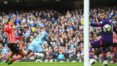 Kelechi Iheanacho of Manchester City scores his side’s first goal. Laurence Griffiths / Getty Images