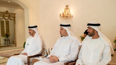 Sheikh Abdullah bin Zayed, Minister of Foreign Affairs and International Co-operation (left), Khaldoon Khalifa Al Mubarak, chief executive and managing director of Mubadala, chairman of the Abu Dhabi Executive Affairs Authority and Abu Dhabi Executive Council member and Mohamed Mubarak Al Mazrouei, undersecretary of the Crown Prince Court of Abu Dhabi, attend a meeting with Jean-Yves Le Drian, Minister of Europe and Foreign Affairs of France (not shown). Mohamed Al Hammadi / Ministry of Presidential Affairs