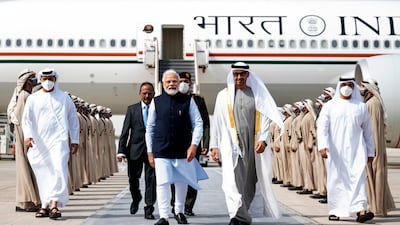UAE President Sheikh Mohamed bin Zayed and Indian Prime Minister Narendra Modi meet at the Presidential Airport, in Abu Dhabi, in June. AP Photo