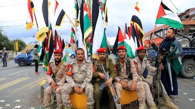 Members of the Houthi rebels at a protest in Sanaa, where demonstrators showed support for Palestinians in Gaza. AFP