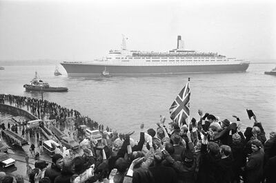 The QE2 sets out on her maiden voyage from Southampton to New York in 1969. Getty Images