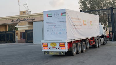 Twenty-eight lorries carried the latest batch of critical UAE aid into Gaza. Photo: Wam