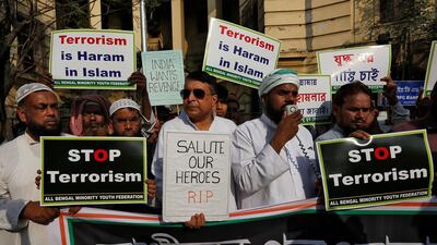 A protest against a deadly attack on Indian troops in Kashmir is held outside a mosque in Kolkata in eastern India on February 20, 2019. Reuters