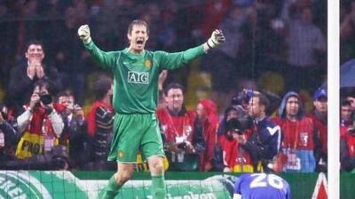 Edwin Van der Sar of Manchester United, left, celebrates after John Terry of Chelsea misses a penalty during the Uefa Champions League Final match between Manchester United and Chelsea, won by Man United. Van der Sar points to the high points are well remembered but low points should quickly be put out of one's head.