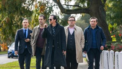 From left, Martin Freeman, Paddy Considine, Simon Pegg, Nick Frost and Eddie Marsan in The World's End. Laurie Sparham / AP Photo / Focus Features