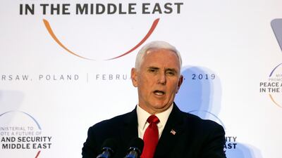 United States Vice President Mike Pence speaks at a conference on Peace and Security in the Middle East in Warsaw. AP