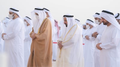 Sheikh Dr Sultan bin Muhammad Al Qasimi, Ruler of Sharjah, performs Eid Al Fitr prayers at Al Badee Musallah. Wam
