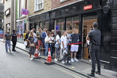 Supreme fans queue outside the brand's shop in Soho, London, EnglanD. GettY