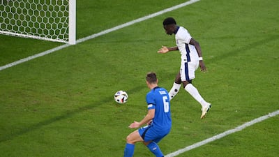 Bukayo Saka of England scores a goal against Slovakia that was disallowed for an offside in the build-up. Getty Images