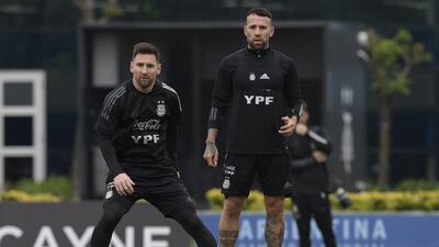 Argentina forward Lionel Messi and defender Nicolas Otamendi take part in a training session. AFP