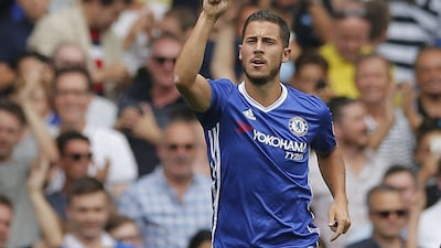 Chelsea's Eden Hazard celebrates scoring their first goal against Burnley on Saturday. Andrew Couldridge / Reuters