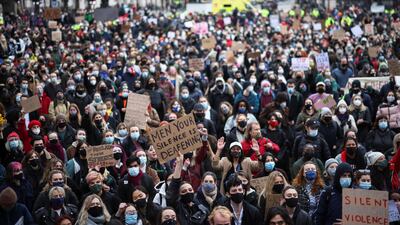 People attend a second protest at Parliament Square, London, after the death of Sarah Everard. Reuters