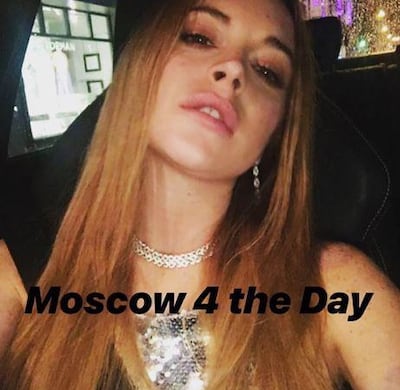 Lindsay Lohan posted an image to Instagram with the caption "Moscow 4 the Day"
