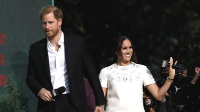 Prince Harry and Meghan, the Duke and Duchess of Sussex, speak to the New York crowd as part of the event. EPA