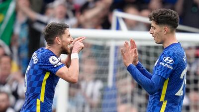 Chelsea's Kai Havertz, right, celebrates with Jorginho at after the match. AP