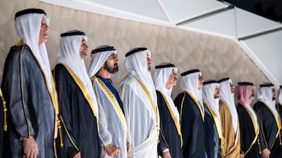 President Sheikh Mohamed, Sheikh Mohammed bin Rashid, Vice President, Prime Minister and Ruler of Dubai, Sheikh Mansour bin Zayed, Vice President, Deputy Prime Minister and Chairman of the Presidential Court, Sheikh Hamad bin Mohammed Al Sharqi, Ruler of Fujairah, Sheikh Saud bin Rashid Al Mualla, Ruler of Umm Al Quwain, and Sheikh Saud bin Saqr Al Qasimi, Ruler of Ras Al Khaimah, stand for the national anthem