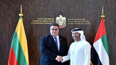 Dr Anwar Gargash, Minister of State for Foreign Affairs, receives the Minister of Foreign Affairs of Lithuania, Linas Linkevicius, in Abu Dhabi on Tuesday. Wam
