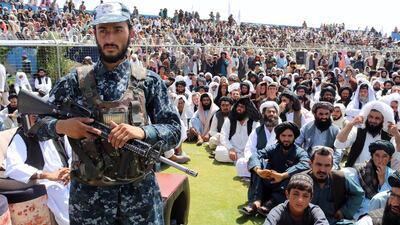 Supporters of the Taliban gather to listen to Haji Mohammad Yousaf, the governor for Kandahar province, in Kandahar, Afghanistan. EPA