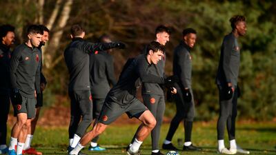 Chelsea's Danish defender Andreas Christensen, centre, trains in Stoke D'Abernon on Monday. AFP
