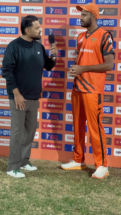 Mudassir Ali speaks to Adeeb Usmani after he was named player of the match in a domestic tournament in Sharjah. Photo: Mudassir Ali