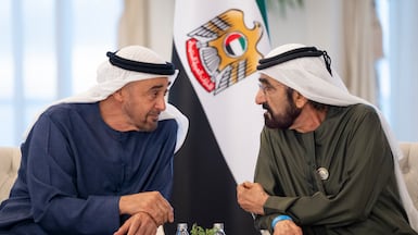 President Sheikh Mohamed heaped praise on Sheikh Mohammed bin Rashid for his achievements during his 20 years as Ruler of Dubai. Mohamed Al Hammadi / UAE Presidential Court