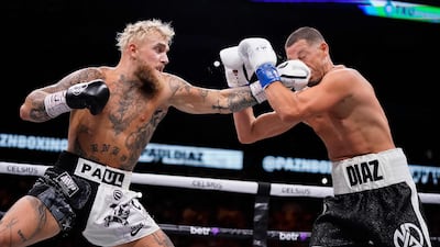 DALLAS, TEXAS - AUGUST 05: Jake Paul throws a left at Nate Diaz during the first round of their fight at the American Airlines Center on August 05, 2023 in Dallas, Texas. Sam Hodde / Getty Images / AFP (Photo by Sam Hodde / GETTY IMAGES NORTH AMERICA / Getty Images via AFP)