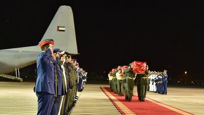 The fallen soldiers received full military honours at Al Bateen Airport on Wednesday evening.
