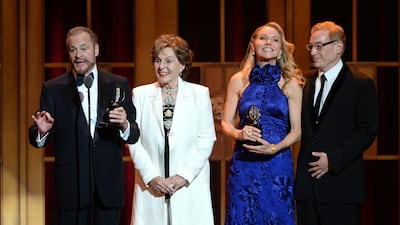From left: Producers Barry Weissler, Fran Weissler, Janet Kagan, and Howard Kagan accept the award for Best Musical for Kinky Boots at The 67th Annual Tony Awards. Andrew H Walker / Getty Images