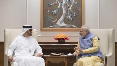Sheikh Mohamed bin Zayed Al Nahyan, Crown Prince of Abu Dhabi and Deputy Supreme Commander of the Armed Forces, with Narendra Modi, prime minister of India, in New Delhi. Rashed Al Mansoori / Crown Prince Court - Abu Dhabi