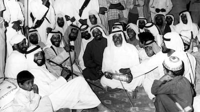 UAE Founding Father Sheikh Zayed attends a meeting with the citizens during one of his tours in Ghayathi on May 15, 1976. Courtesy Aletihad