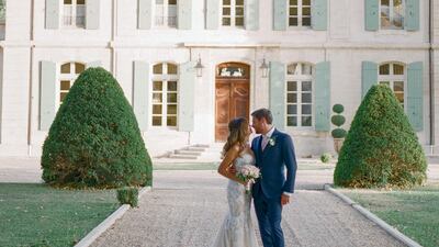 A happy bride and groom following their chateau wedding. Courtesy Gert Huygaerts via Chateau De Tourreau