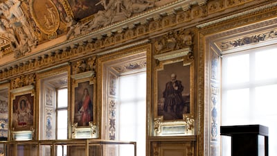 YSL gilded jacket in Galerie d'Apollon at the Louvre Paris. Photo: Nicolas Matheus