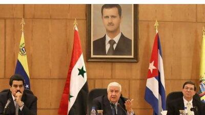 The Venezuelan foreign minister, Nicolas Maduro Moros, the Syrian foreign minister, Walid Muallem, and the Cuban foreign minister, Bruno Eduardo RodrÌguez Parrilla, during a joint press conference in Damascus yesterday. LOUAI BESHARA / AFP PHOTO