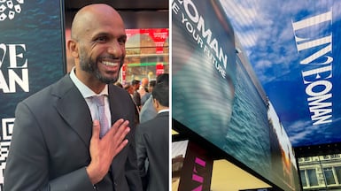 Retired Omani footballer Ali Al Habsi at the Future Oman Event, left, and a view of the Future Oman pop-up on Oxford Street, London. Lemma Shehadi / The National