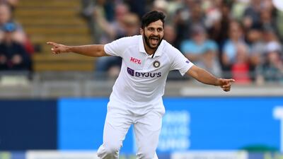 India bowler Shardul Thakur celebrates dismissing England captain Ben Stokes for 25. Getty