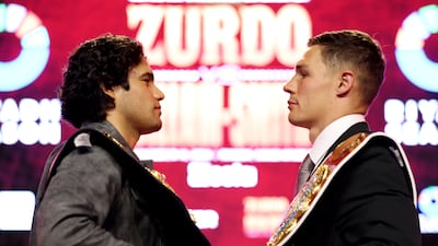 Gilberto 'Zurdo' Ramirez, left, and Chris Billam-Smith face off ahead of their WBO/WBA cruiserweight unification in Saudi Arabia. Getty Images
