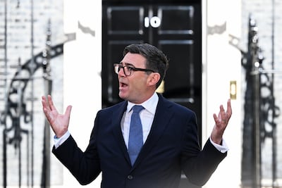 Prime Minister Andy Burnham speaking outside 10 Downing Street in London. Bloomberg