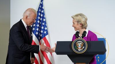 US President Joe Biden and European Commission President Ursula von der Leyen at the G20 leaders' summit in Rome on October 31, 2021. Reuters
