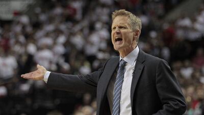 Golden State Warriors head coach Steve Kerr yells instructions to his team during the first half of game four of the NBA Western Conference semi-finals basketball game between the Golden State Warriors and the Portland Trail Blazers at the Moda Center in Portland, Oregon USA, 09 May 2016. Steve DiPaola / EPA