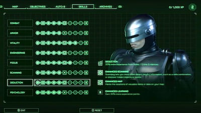 As players progress in RoboCop: Rogue City, the titular character can be upgraded and modified. Photo: Nacon