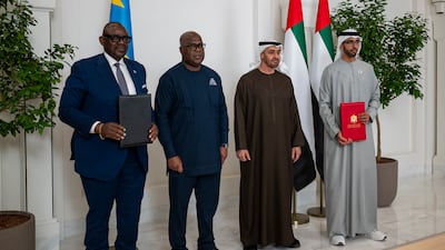 Sheikh Mohamed, Minister of State Sheikh Shakhbout bin Nayhan, Mr Tshisekedi and a representative from the Democratic Republic of Congo