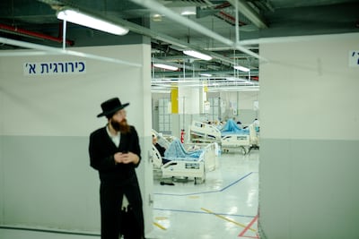 Patients are relocated to an underground car park lot for safety at Tel Aviv Sourasky Medical Centre. Getty Images