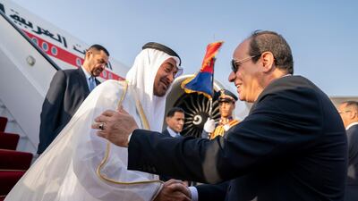 Sheikh Mohamed bin Zayed is greeted by Abdel Fattah El Sisi, President of Egypt at Cairo international Airport. Mohamed Al Hammadi / Ministry of Presidential Affairs