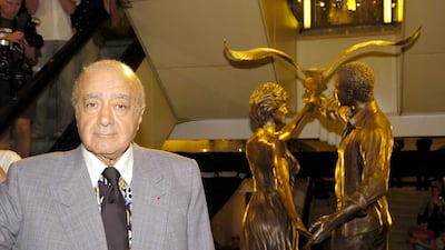 Mohamed Al-Fayed at the unveiling of a memorial statue in commemoration of his son Dodi and Princess Diana at Harrods in London. Photo: David Lodge / FilmMagic