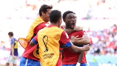 DOHA, QATAR - NOVEMBER 27: Keysher Fuller of Costa Rica celebrates after scoring their team's first goal with teammates during the FIFA World Cup Qatar 2022 Group E match between Japan and Costa Rica at Ahmad Bin Ali Stadium on November 27, 2022 in Doha, Qatar. (Photo by Francois Nel / Getty Images)
