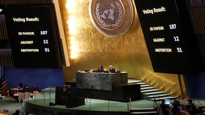 The voting results approving a draft resolution in support of lasting peace in Ukraine during the UN General Assembly meeting on Ukraine in New York on Tuesday. AFP