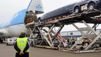 The Superbus is loaded into a KLM cargo airplane at Schiphol airport in The Netherlands.